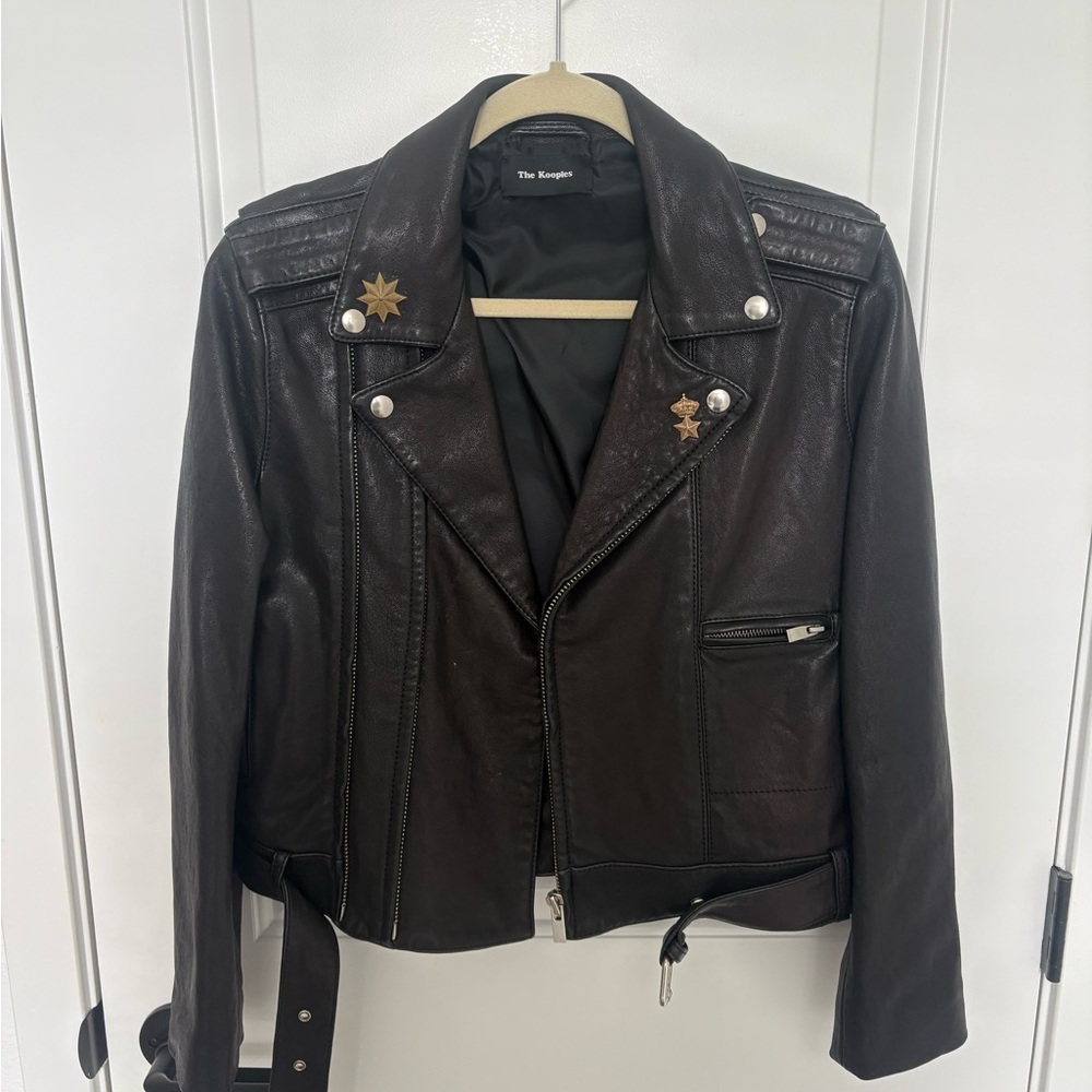 The Kooples Dark Brown Leather Jacket with Silver Accents